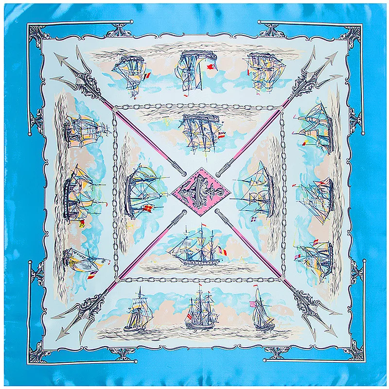 

POBING 90*90CM Silk Scarf Luxury Brand France Warship Print Bandana Women Silk Foulard Handkerchief Office Lady Neckerchief