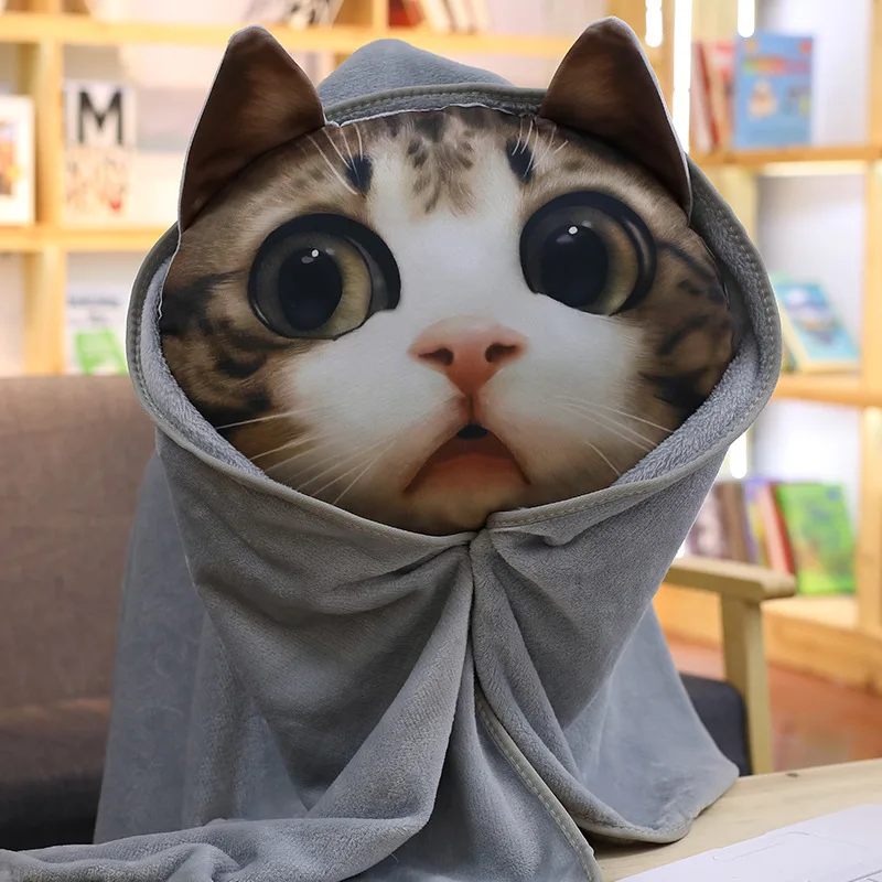 

Simulation Cat Animals Print Creative Personality 3 In 1 Hand Warm Air Condition Plush Pillow Blanket Car Back Cushion Doll 36cm