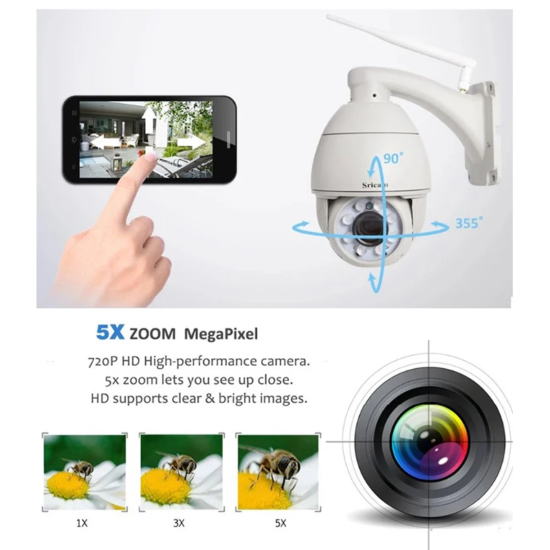 Sricam SP008B 720P Outdoor IP Camera 5X Optical Zoom Waterproof Wifi Cam Alarm Push 2-Way Audio Wir