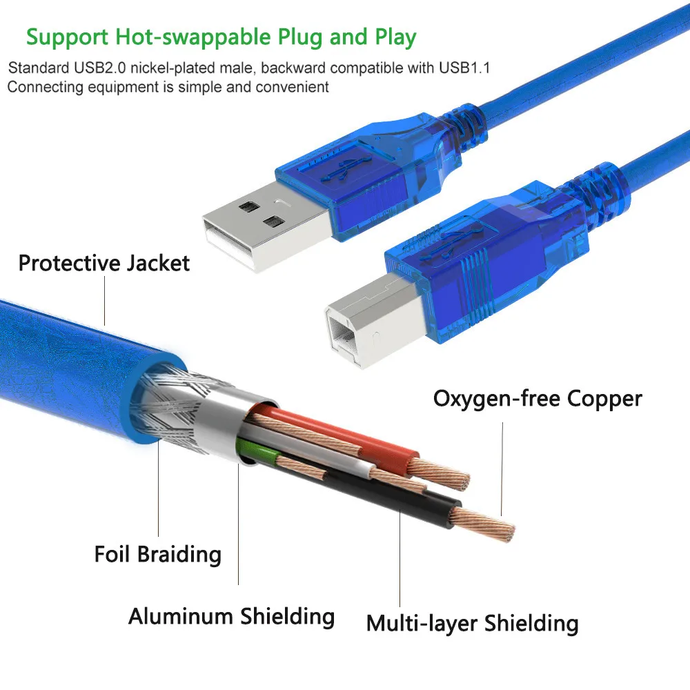 10 Pack 16ft USB 2.0 Printer Cable Type A Male to Type B Male Dell Canon Brother