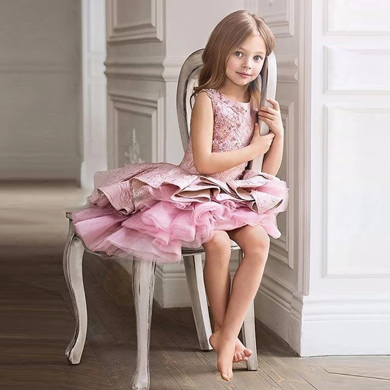 Г. Розовое платье с цветочным узором для девочек на свадьбу; ТРАПЕЦИЕВИДНОЕ Тюлевое кружевное платье с бусинами; длинное платье для первого причастия для маленьких девочек