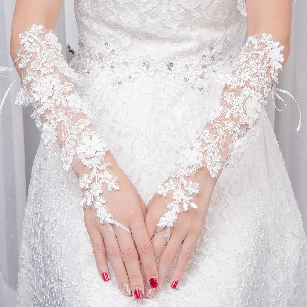 

2018 New Bride Wedding Length White Pearl Mesh Gloves Wedding White Yarn Travel Photography Cover Arm Summer Accessories