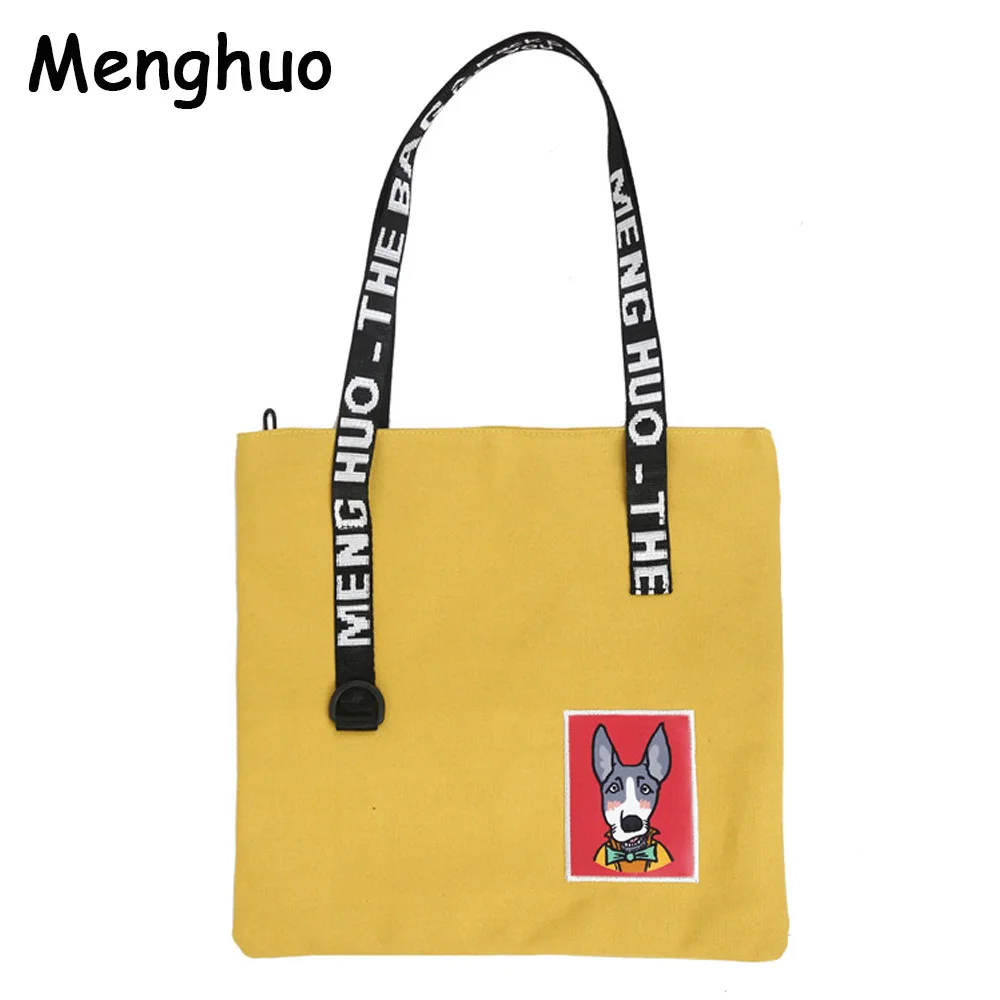 

Menghuo Canvas Handbags Shopping Eco Reusable Dog Pattern Shoulder Bag Tote Bag Casual Messenger Bags School Travel Women Bag