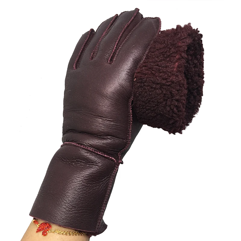 Wine Winter Women Gloves Real Wool Genuine Leather Sheepskin Gloves Solid Sheep Fur Mittens Elegant Warm Female Gloves N13