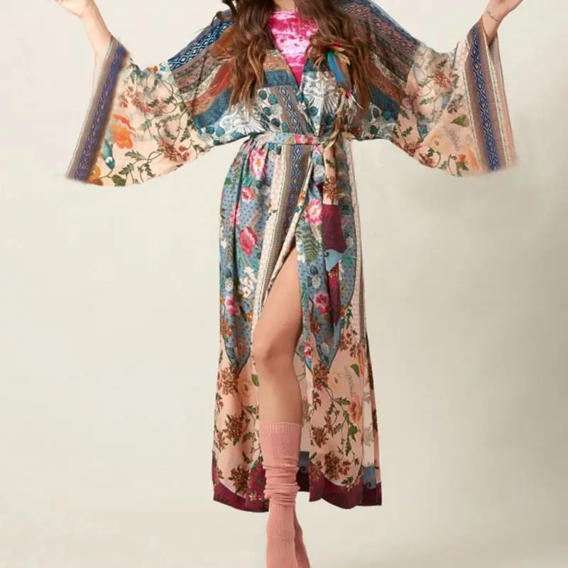 

Women Beach Swimsuit Cover Up Boho Floral Printed Open Front Kimono Long Sleeves Belted Front Side Split Maxi Robe dress