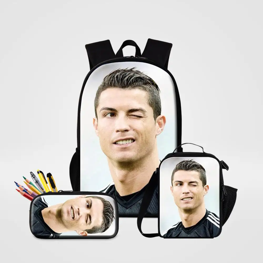 

3 PCS Bags Set Cristiano Ronaldo Lunchbag Schoolbags Pencil Box Footballs Star Student Backpack TO School Boys Fashion Mochila