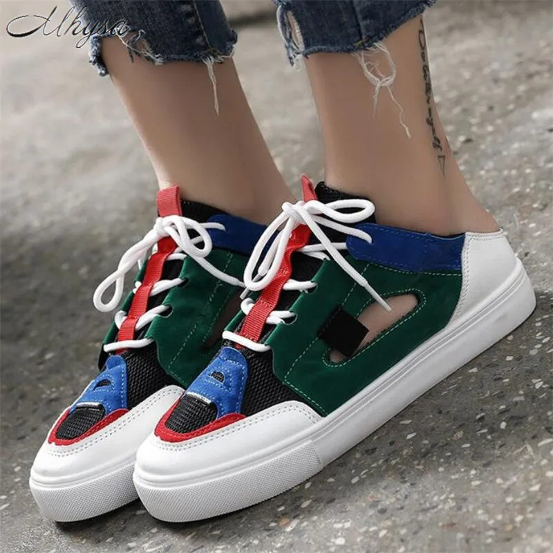

Mhysa 2019 New Fashion Ladies Mesh comfortable Half Slipper New Lace Up Lazy Vulcanize Shoes Flat With Women Sneakers T840