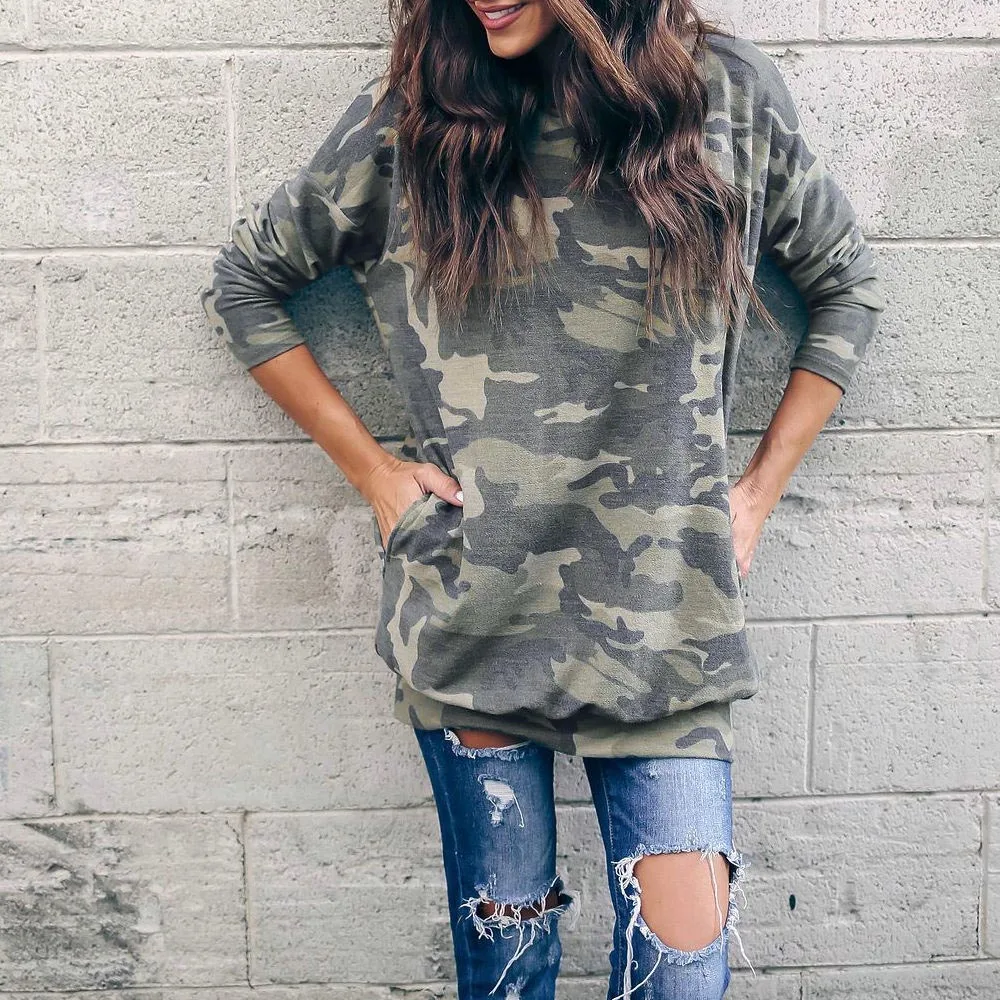 

Casual Ladies Camo Long Sleeve Loose Shirt Women Shirts Clubwear 2018 Women Tops Tshirt Plus Size Women Streetwear