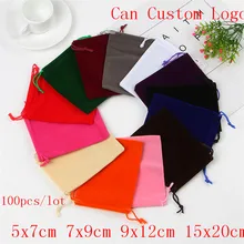 100 шт./лот, 5x7x9 9x12, 15x20 см, бархатная сумка, браслет, подарки, ювелирные изделия, упаковка, сумки на шнурке, Подарочная сумка, пакеты, можно логотип на заказ