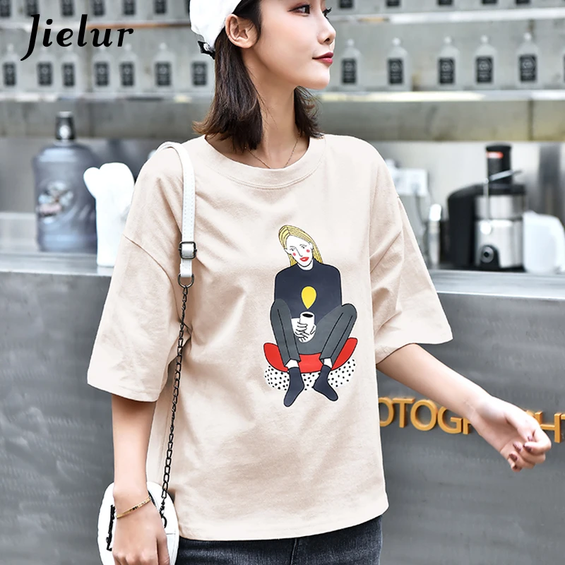 Jielur повседневное футболка для женщин Kawaii хлопок мультфильм печати короткий