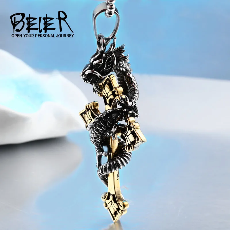 

Beier new store 316L Stainless Steel Classic Animal Oriental Dragon Pendant Necklace Golden Cross Disc Dragon Pendant jewelry