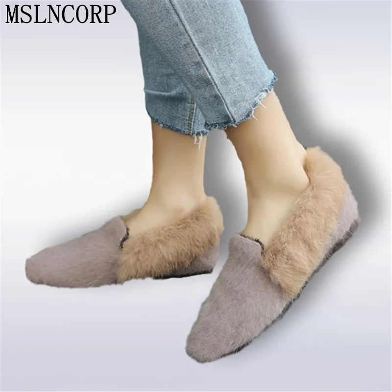 

Size 34-44 Spring Autumn Women Rabbit Fur Shoes Fashion Indoor Outdoor Lady Flats Shoes For Fat Slip On Casual Fur Loafers Shoes
