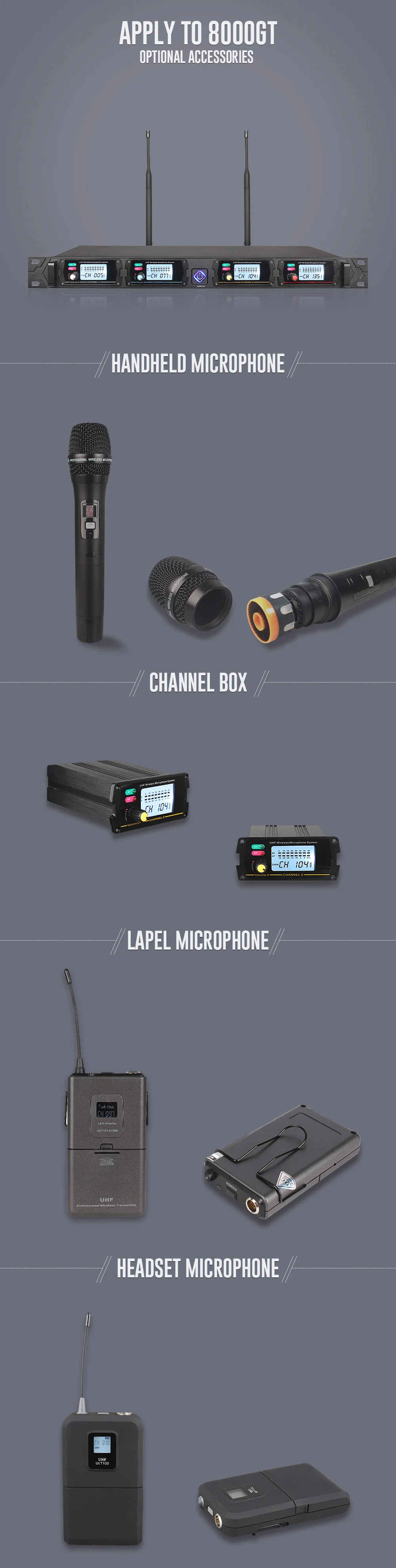 Беспроводная микрофонная система UHF канал 8000GT профессиональный мобильный микрофон передатчик Аксессуары(продается отдельно