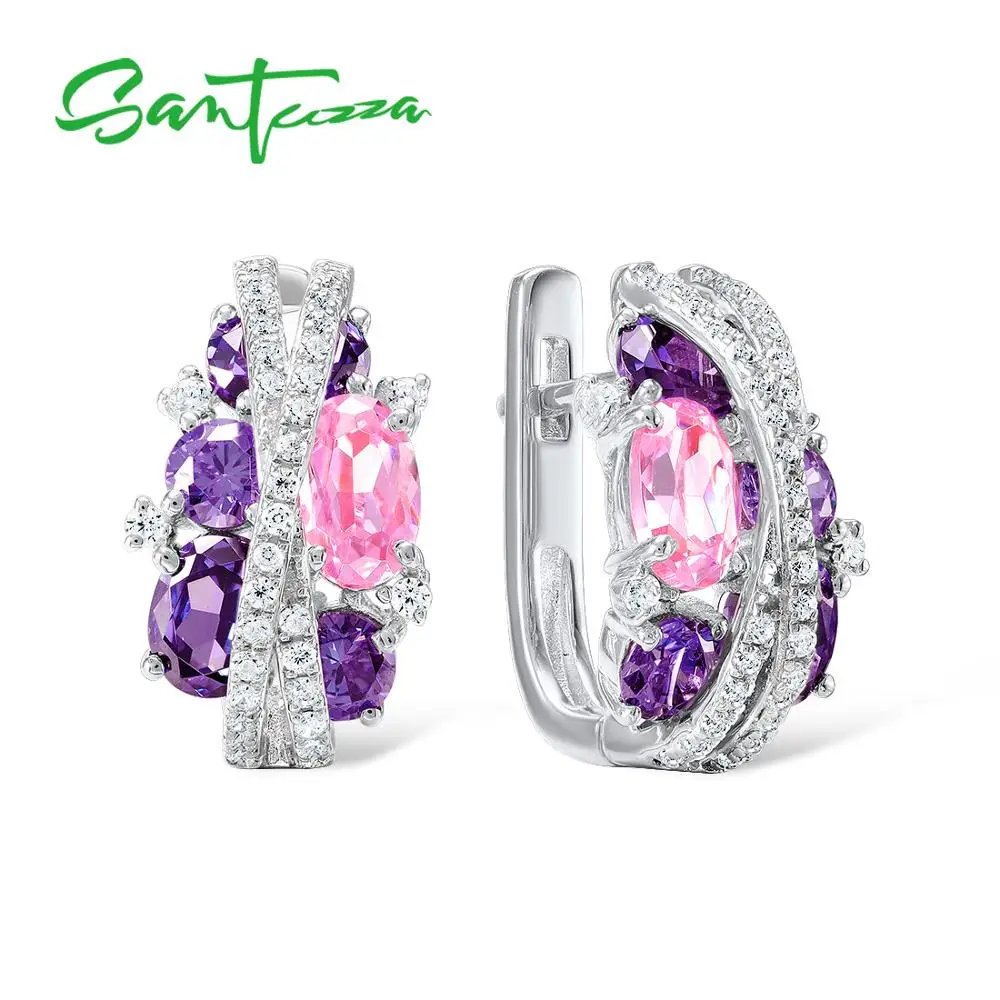 Baratos SANTUZZA pendientes de plata para mujer auténtica Plata de Ley 925 brillante amatista circonita Rosa серьги joyería fina