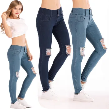 

New Pant Jeans 2019 Women Low Waisted Skinny Hole Jeans Stretch Slim Pants Calf Length Pencil Jeans L318