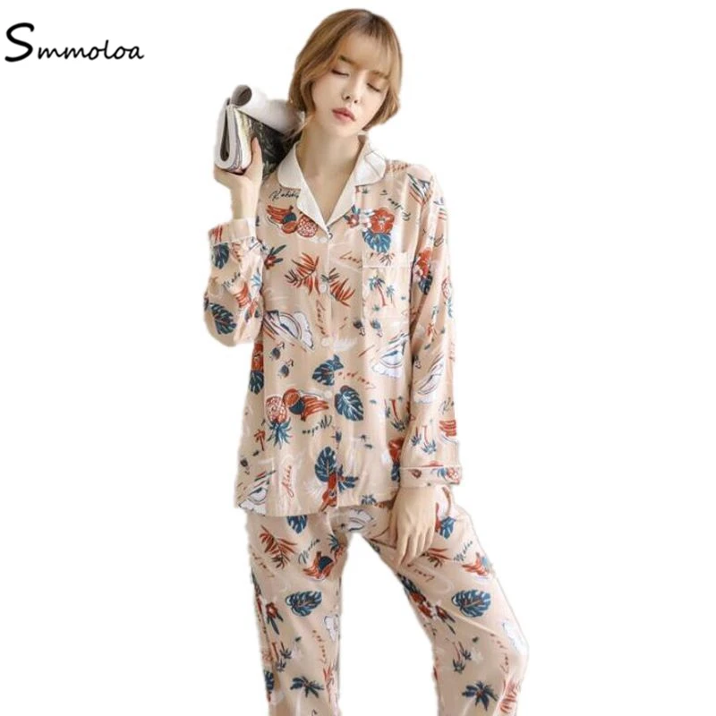 

Smmoloa Women Silk Cotton Pajamas Sets Spring Summer Long Sleeve Print Sleepwear Girl Pijamas