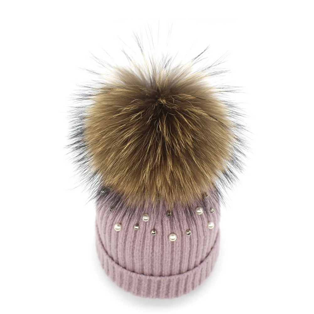 Новая модная шерстяная шапка с жемчугом, осенне-зимняя теплая шапка для завивки, Корейская женская вязаная шапка с натуральным мехом и
