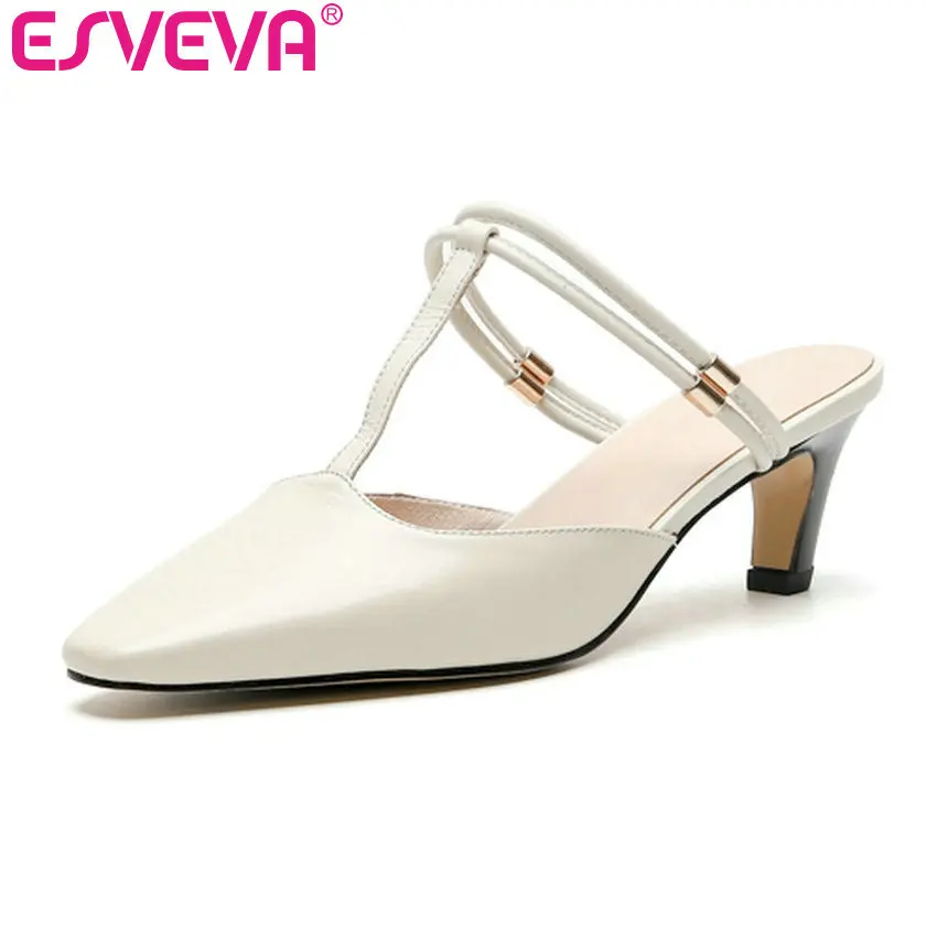 

ESVEVA 2019 Women Sandals Cow Leather/Kid Suede High Heel Pointed Toe Slip On Slingback Concise Ladies Pumps Size 34-40
