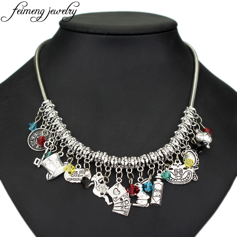 

Alice In Wonderland Crystals Beads Cheshire Cat Eat Me Drank Me Fashion Pendant Necklaces for Women Movie Jewelry Necklace