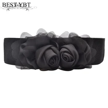 

Best YBT Women's Belt chiffon double flower Women's elastic decoration Belt Press buckle can stretchable casual dress Belt