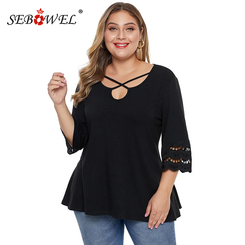 

SEBOWEL Plus Size Black Cutout Blouse Tops Woman Spring Autumn Female Hollow Out 3/4 Sleeve Casual Solid Red Blouses Size XL-5XL