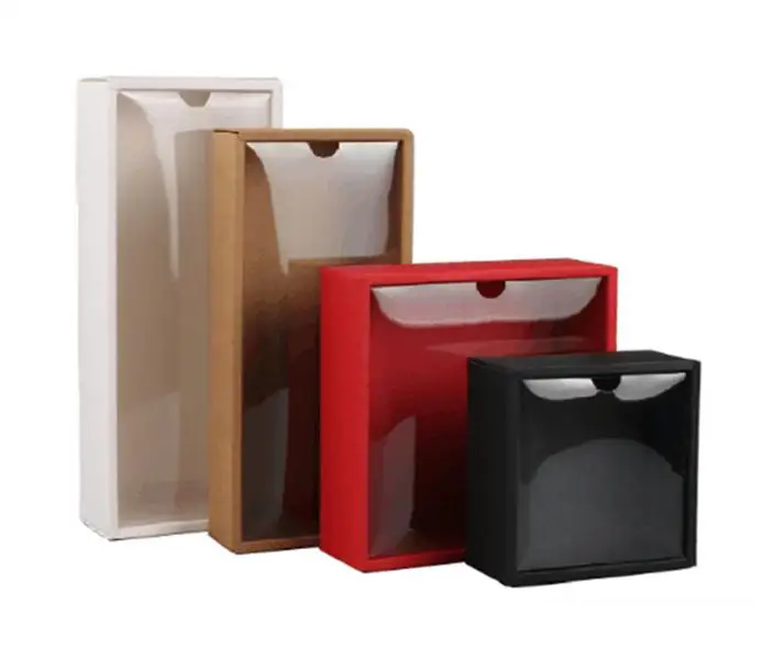 

100pcs /lot Kraft Cardboard Box Gift Packaging Box With Lid Paper Box Jewelry Gift Packing Case With Clear PVC Window