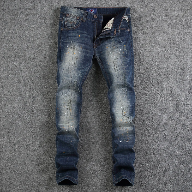 

European American High Street Fashion Mens Jeans Dark Blue Color Dirty Paint Ripped Jeans For Men Slim Fit Brand Jeans Pants