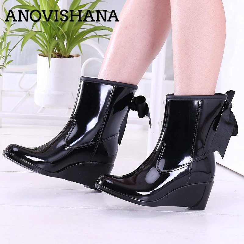 

ANOVISHAN galoshes Rain Boots Girls Ladies Rubber Shoes For Casual Walking Outdoor ankle boots Waterproof wedges shoes bota H187