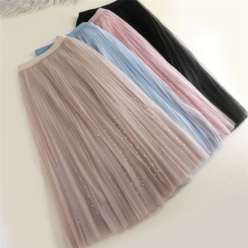 

New Fashion Women's Princess Tulle Two-layer Beaded Decorative Pleated Skirt Casual Girl Solid Color High Waist Dance Skirt
