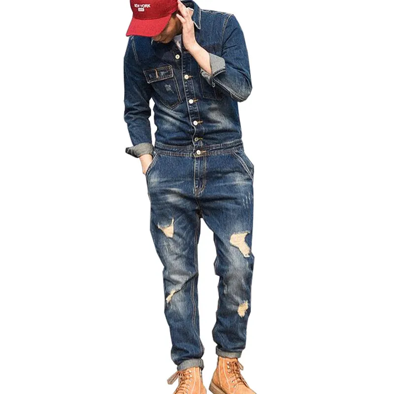MORUANCLE Модные мужские рваные джинсовые комбинезоны с куртками потертые джинсовые комбинезоны для мужчин Рабочий костюм Сценические костюмы - Цвет: Синий