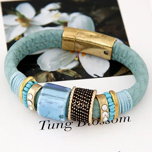

LEMOER 2017 Fashion Magnet Leather Bracelet Bangles Ceramic Beads Circle Pulseira Feminina Wristband Brand Jewelry For Women Men