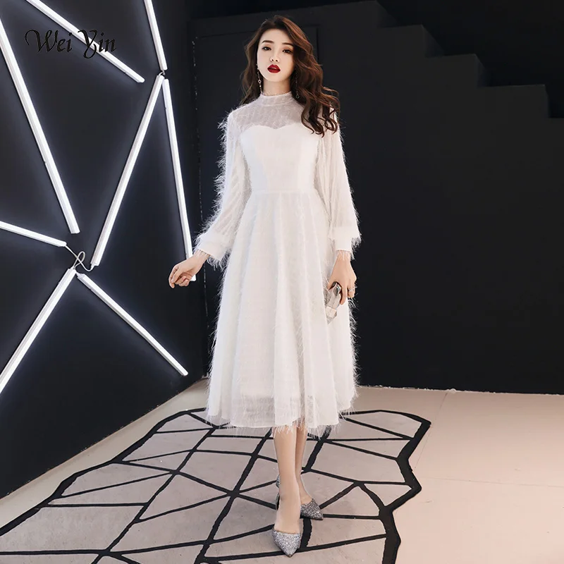 

weiyin White Muslim Evening Dresses 2019 A-line Long Sleeves Tea Length Lace Dubai Saudi Arabic Long Elegant Evening Gown WY1171