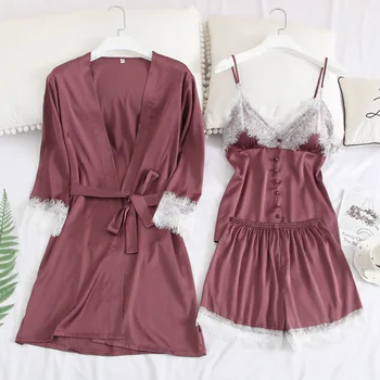 

Women Sleepwear Silky 3 Pieces Strap Vest Shorts Robe Ladies Underwear Sexy Pajama Sets Nightwear New Women Sleepwear Set