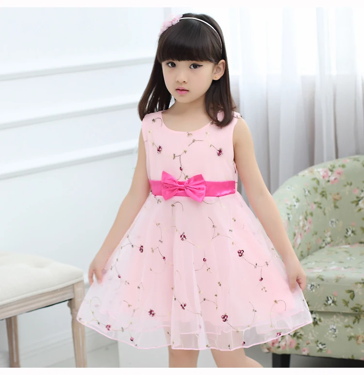 

2017 New Baby Girl Dress 110cm-160cm Kids Girls Fashion Flower Voil Sleeveless With Floral Bow Dresses Female Children clothing