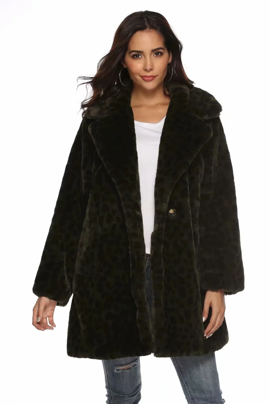 Зимнее плотное теплое зеленое меховое пальто для женщин, длинное пальто, модная меховая куртка с леопардовым принтом, плюшевое пальто с длинным рукавом, верхняя одежда размера плюс