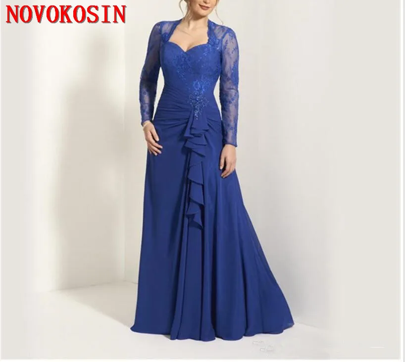 

2019 Sweetheat Long Sleeves Applique Royal Blue Chiffon Mother of the Bride Dress Ruffles Front Keyhole Back Lace Maid Dresses