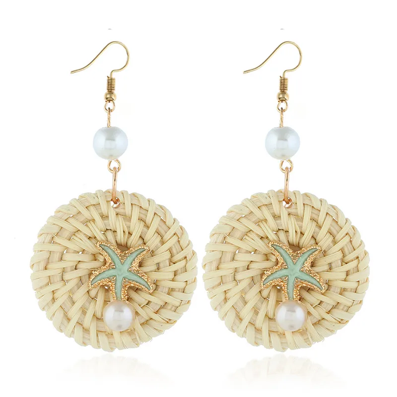 

ZOSHI Handmade Star Simulated Pearl Drop Earrings For Women Wooden Straw Weave Rattan Earrings Big Round Wedding Dangle Jewelry