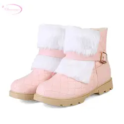 Chainingyee/милый стиль круглый носок ботильоны Пряжка украшения на платформе черный, белый, розовый толстый средний каблук женские зимние боты