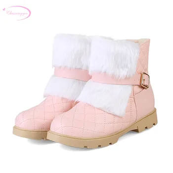 

Chainingyee sweet style round toe ankle boots buckle decoration platform black white pink thick middle heel women's snow boots