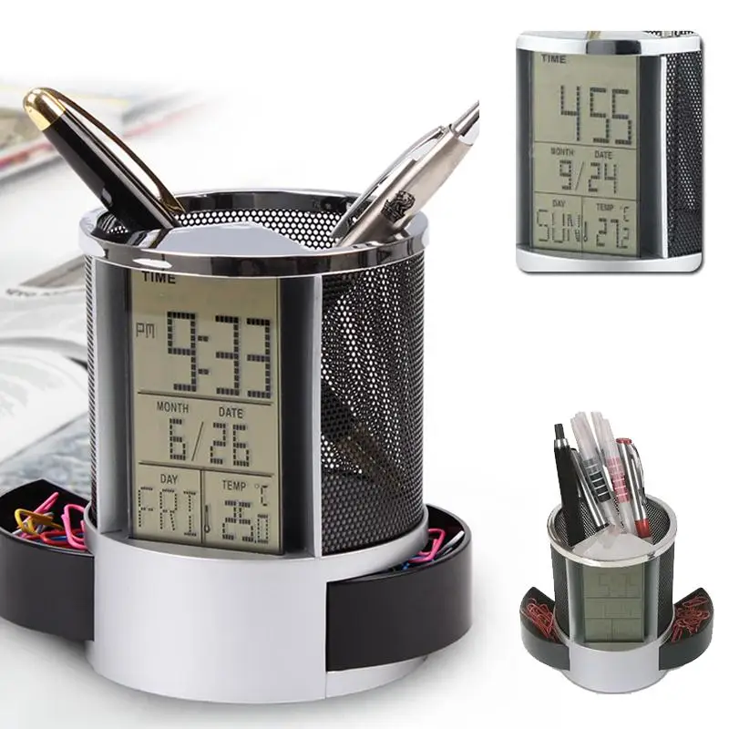 

Multifunctional Pen Holder Digital LCD Display Alarm Clock Mesh Pen Pencil Holder Container Temp Calendar
