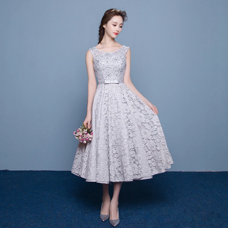 

Evening Dress Fashion Banquet Sweet O Neck Sleeveless Beads Middle length Grey Lace A-line Prom Formal Dress