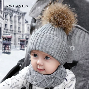 

2019 Cute Children Pompom Knit Beanies Hats Scarf 2 Pieces Set Winter Baby Wool Cap Scarves Boy Girl High Quality Bone Kids Warm