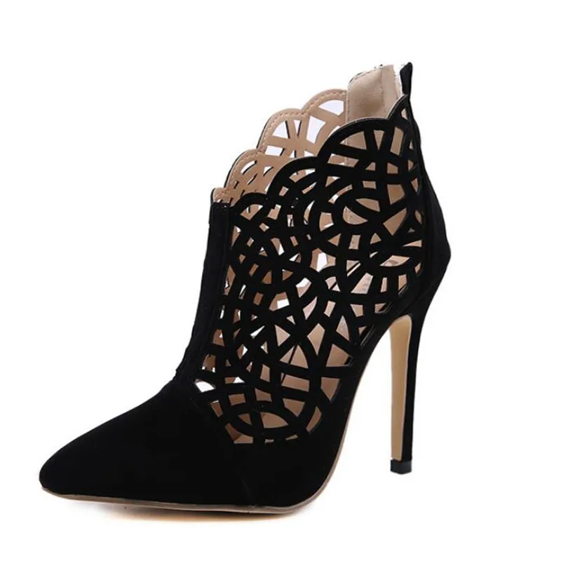 

Fashion Spring Gladiator Sandals Boots Women Flock Hollow Out Thin High Heels Pointed Toe Boots Zip Shallow Party Shoes Bootie