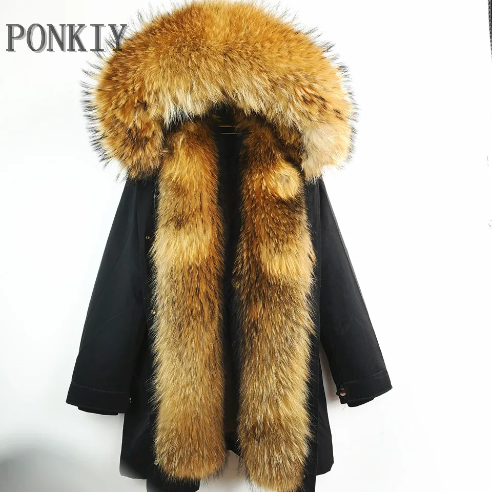 Парка с натуральным мехом, зимняя женская куртка с большим воротником из натурального меха енота, длинная парка из натурального меха лисы - Цвет: Черный