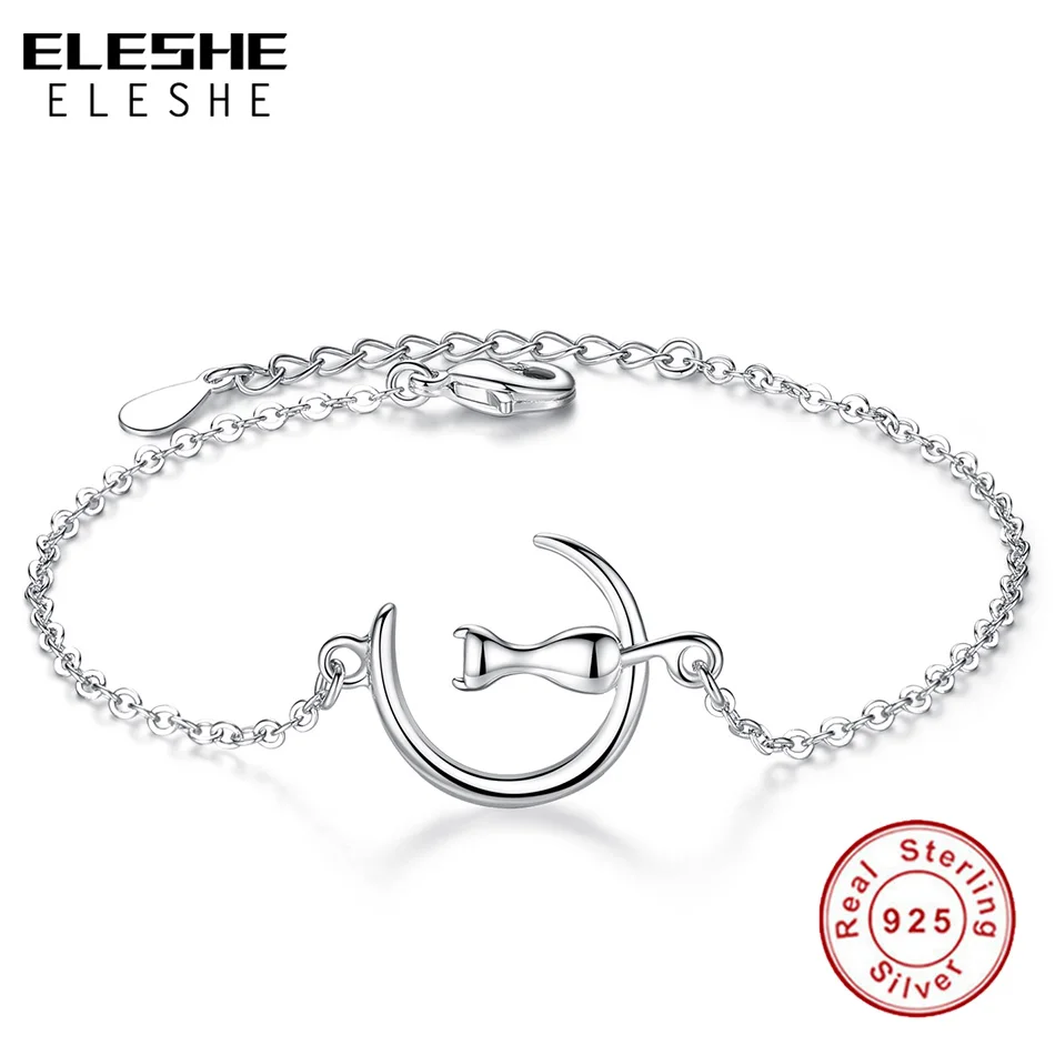 ELESHE Authentic Real 925 Sterling Silver Bracelet with Cute Animal Cat & Moon Charm Bracelets & Bangle Wedding Fashion Jewelry