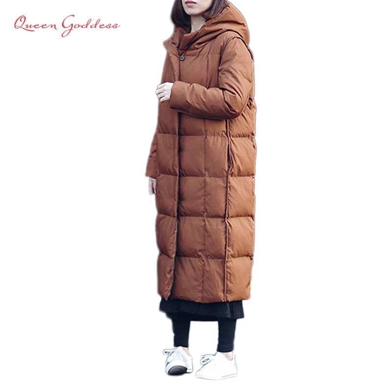 

2019 winter and spring super long down women jacket loose vintage and cocoon style plus size parkas causal outwear with hooded