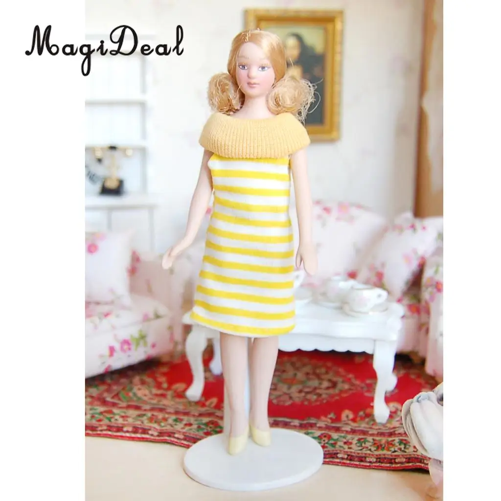 MagiDeal Beatifull Design Dollhouse Miniature Porcelain Doll Lady in Striped Dress for Bedroom Living Room Decor Children Toy