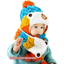 Детская зимняя шапка, шарф, комплект для мальчиков, шапочки для девочек, шапка для детей, очень теплая шапка с изображением медведя для малышей, вязанная крючком теплая шапка
