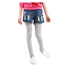 Детская одежда новые осенние леггинсы для девочек детские штаны в корейском стиле из двух частей: трикотажные гамаши+ джинсовые шорты с фиктивными дырками серый хлопок и синяя джинсовая ткань