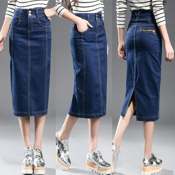 

fashion New Female Denim Skirt Women Plus Size Casual High Waist Denim Skirts Pencil Patchwork Stretch Slim Hip jean Skirt Long